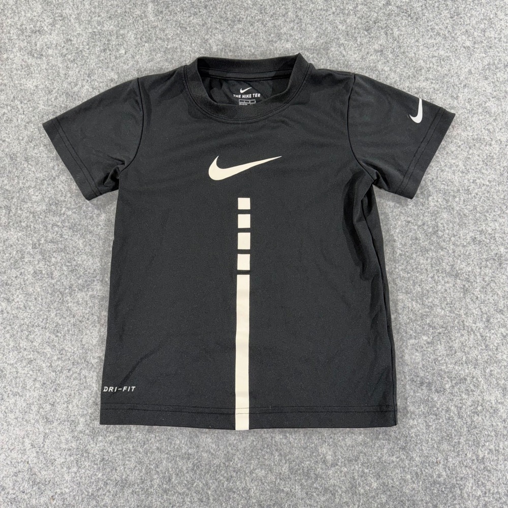 Nike Kids Dri-FIT Athletic T-Shirt Black White Swoosh Graphic Tee Size 7